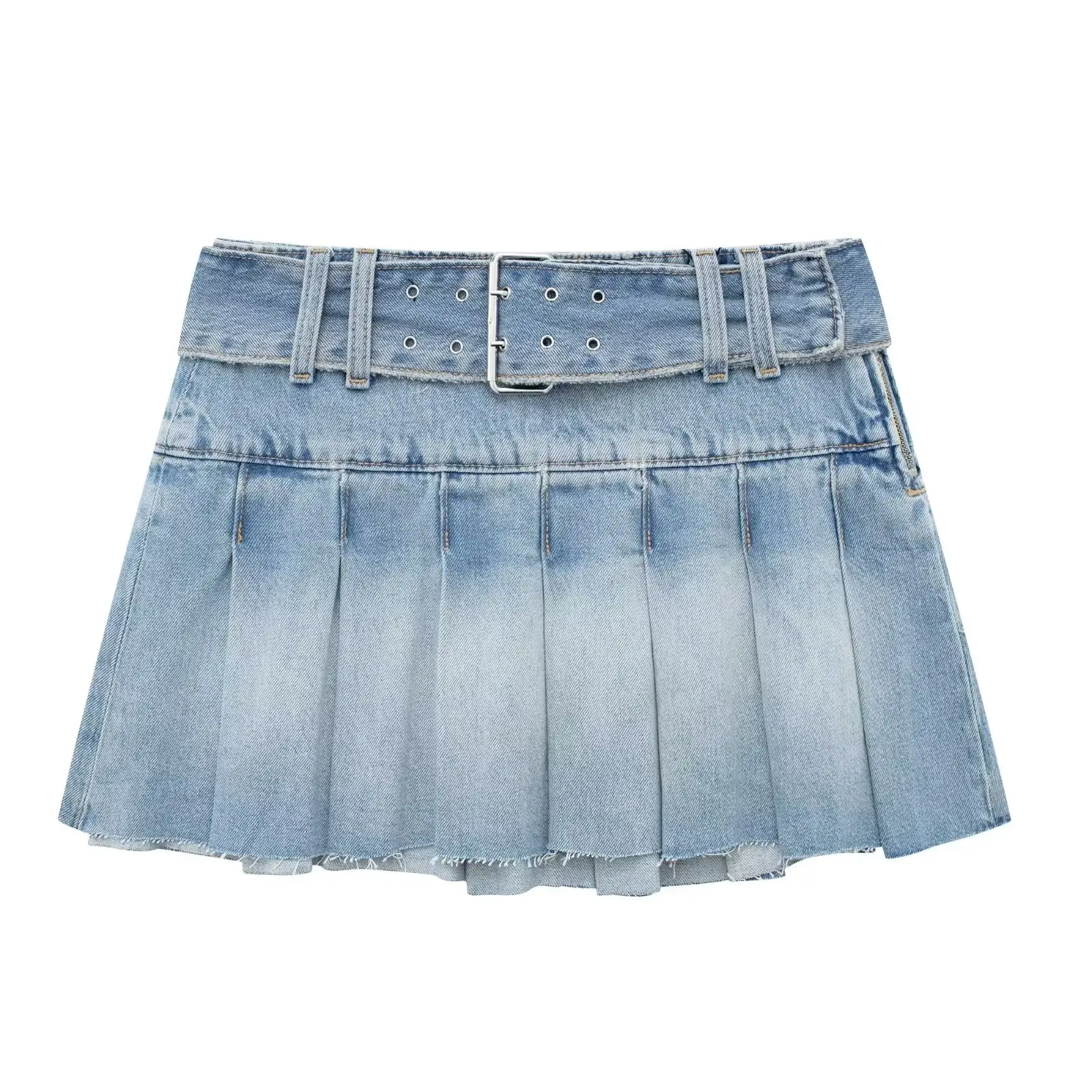 

HH TRAF Women Elegant Summer Wide Pleated Denim Skirt Female Chic Solid Waistband Zipper Decorate Slim A Line Mini Skirts Mujer