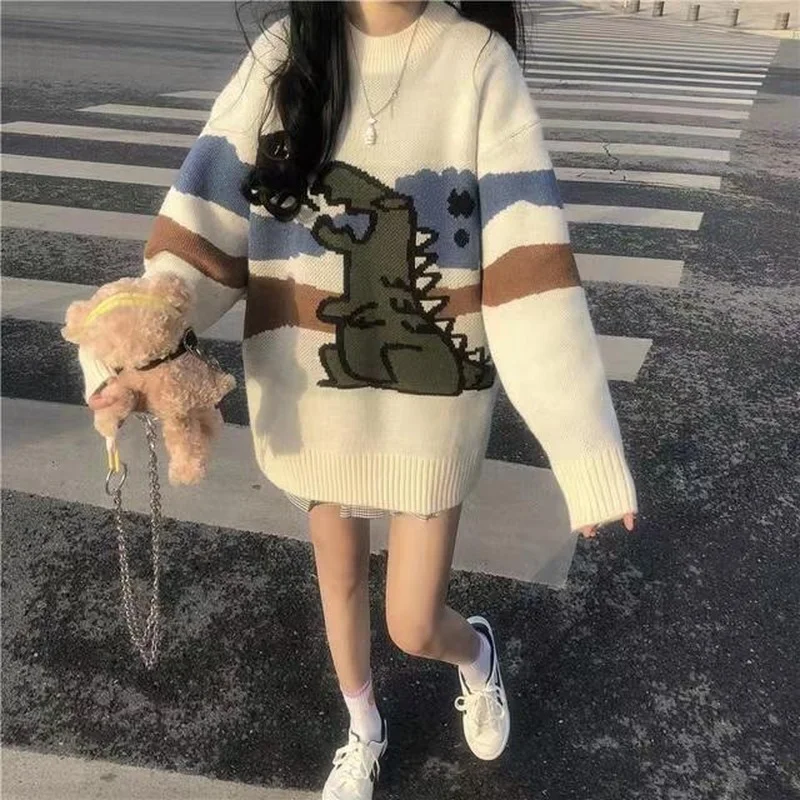 Cute Sweaters Harajuku Dinosaur Kawaii Sweater Women Cartoon Print Cute Japanese Warm Casual Knitted Tops Simple Womens Pullover
