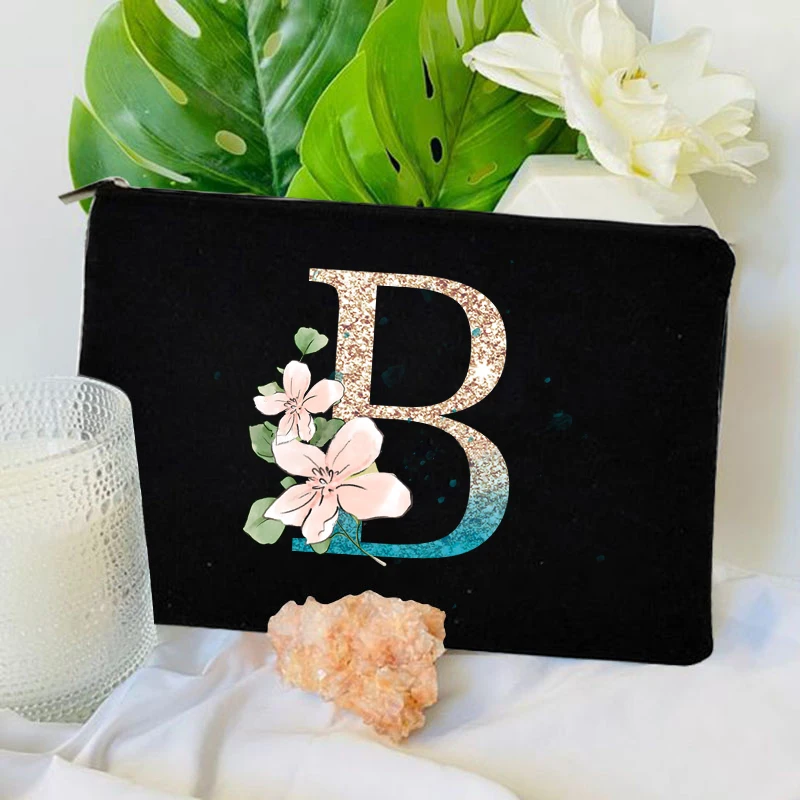 gradient Color Initial A-Z Makeup Bag with Zipper Aesthetic Black Toilet Pouch Travel Cute Cosmetic Bag for Bride Storage Clutch