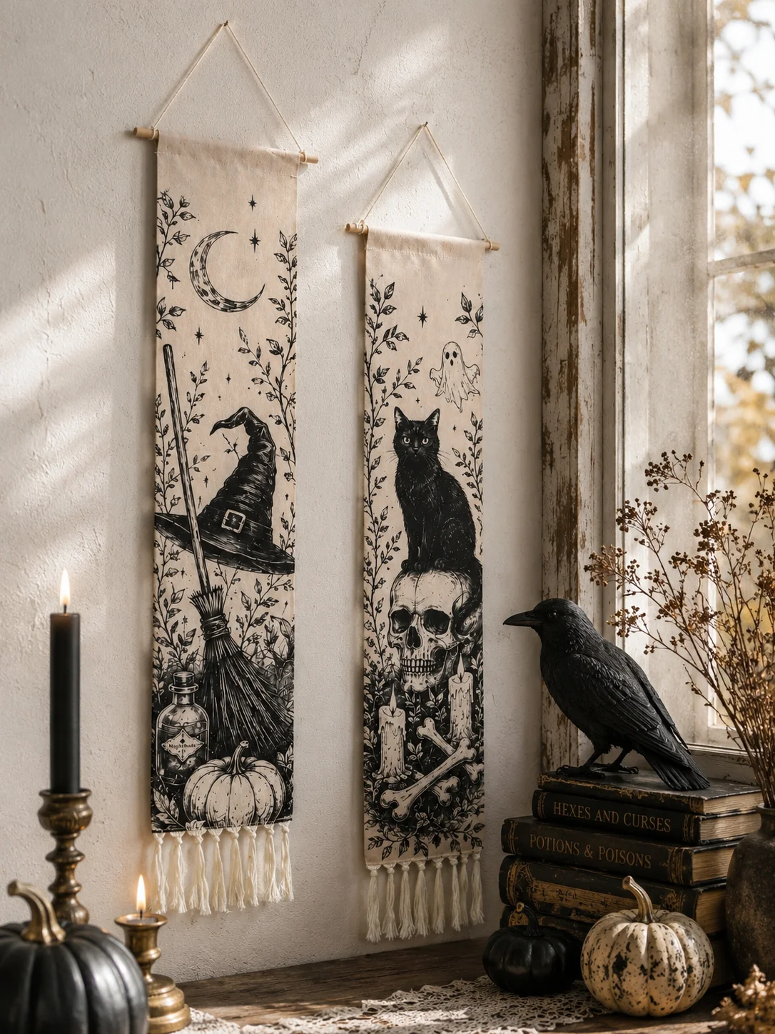 Halloween-Wandteppich mit Quasten, Gotische Hexe, Schwarze Katze, Krähe, Geisterhaus, Totenkopf-Druck, Vintage Grusel-Wandbehang Deko – Detail 24