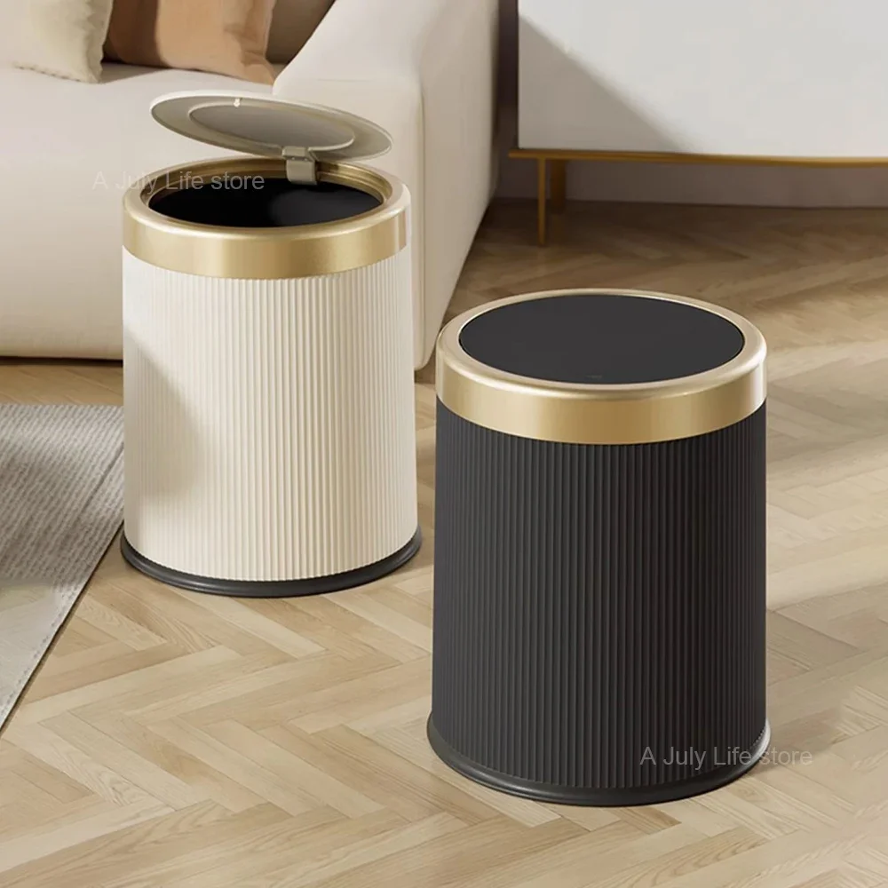 Light Luxury Wastbasket Press Trash Can with Lid for Office Living Room Bathroom Round Garbage Can with Removable Inner Bucket