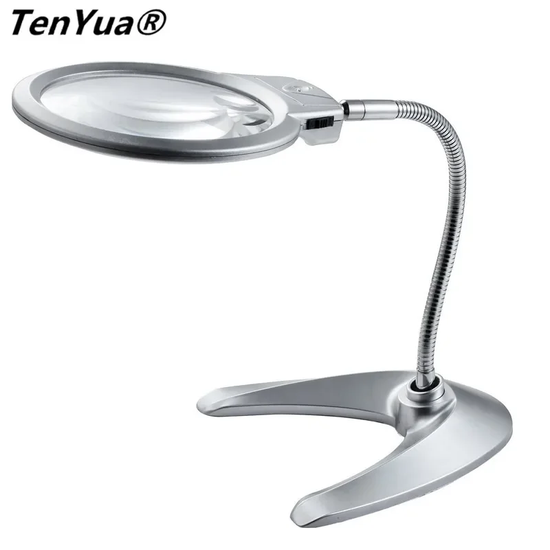 TenYua Detachable Table Magnifier 2X 6X Hose Illuminated Magnifying Glass Fresnel Lens with 2 LED Magnifier Light Repair Tools