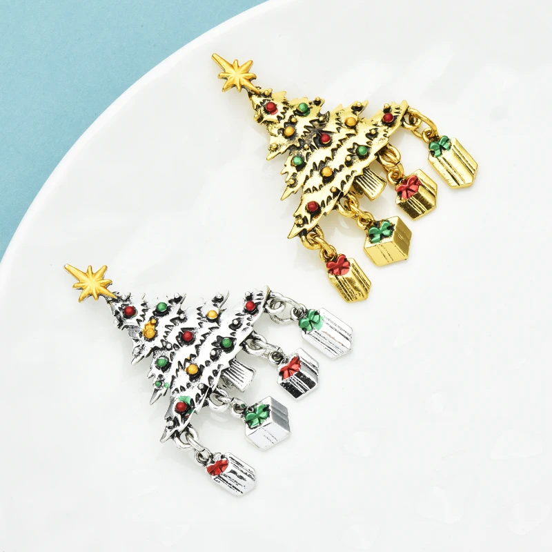 Wuli&baby Vintage Christmas Tree Brooches For Women Men 2-color Gifts Box Tree New Year Brooch Pins Gifts