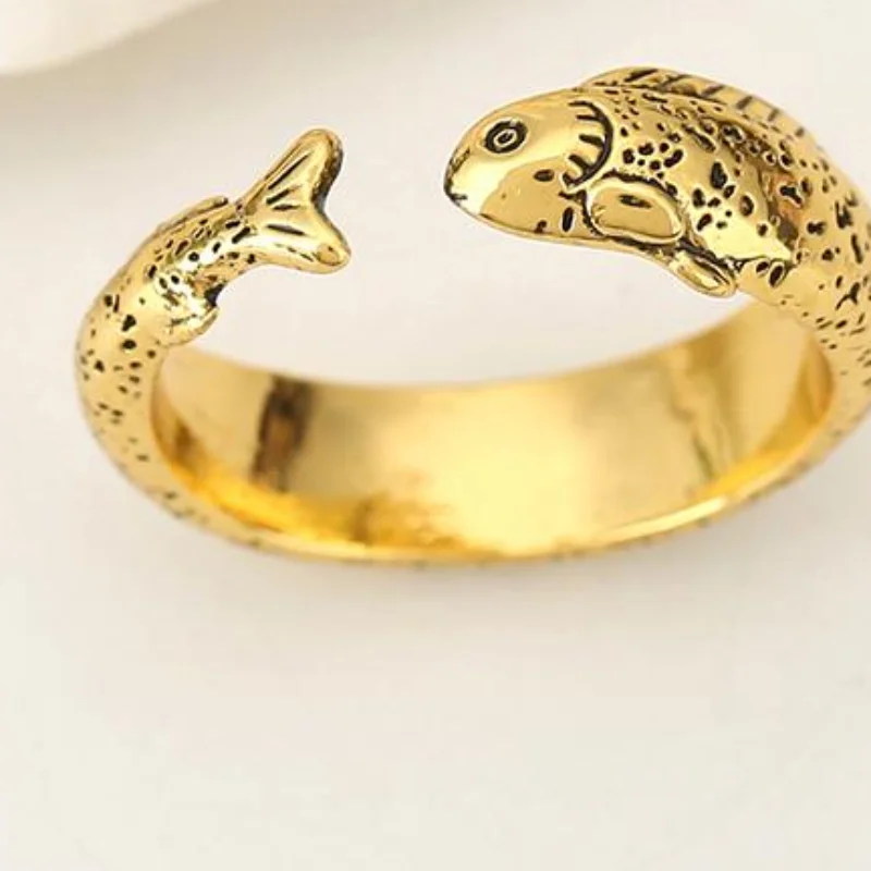Niche Simple Fish Shaped Ring Distressed Gold Vintage Adjustable Ring Silver Alloy Retro Open Ring Unisex