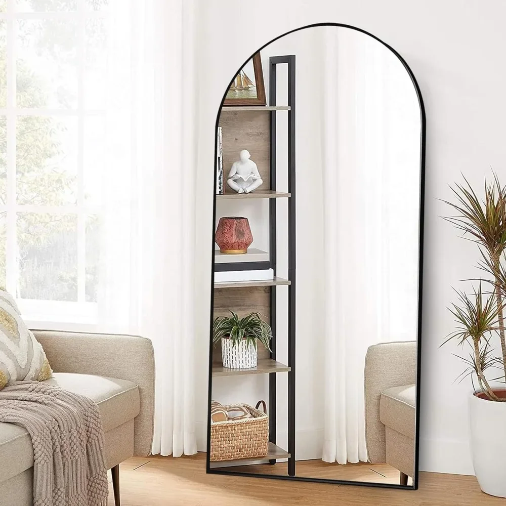 Espelho de corpo inteiro arqueado com suporte, moldura de liga de alumínio, espelho grande para sala de estar, preto, parede, inclinado