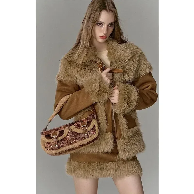 

Retro Brown Fur One Piece Coat Fur Splicing Short Skirt Set Two Piece Sets Women Outfits Winter New High End Women Clothing