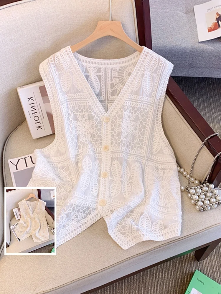 

Large Size Pure Color Embroidered Lace Vest Irregular Svel Bal Tank Top V Ne Casual Summer Cotton Polyester Blend
