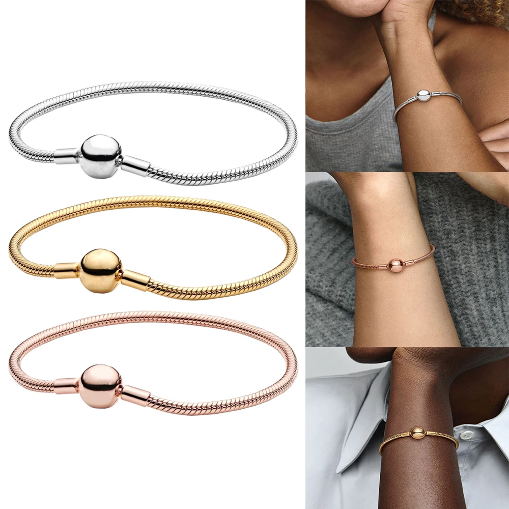 Simple 925 Sterling Silver Moments Snake Chain Bracelet fit Original Pandora Charm Beads Diy Women Birthday Mother's Day Gifts