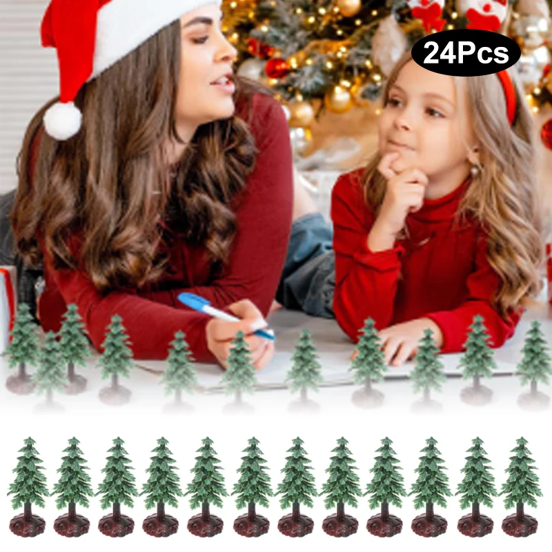24Pcs Christmas Tree Cake Topper Evergreen Trees Pine Tree Figurines Village Christmas Trees Bottle Brush Trees Plastic Sisal