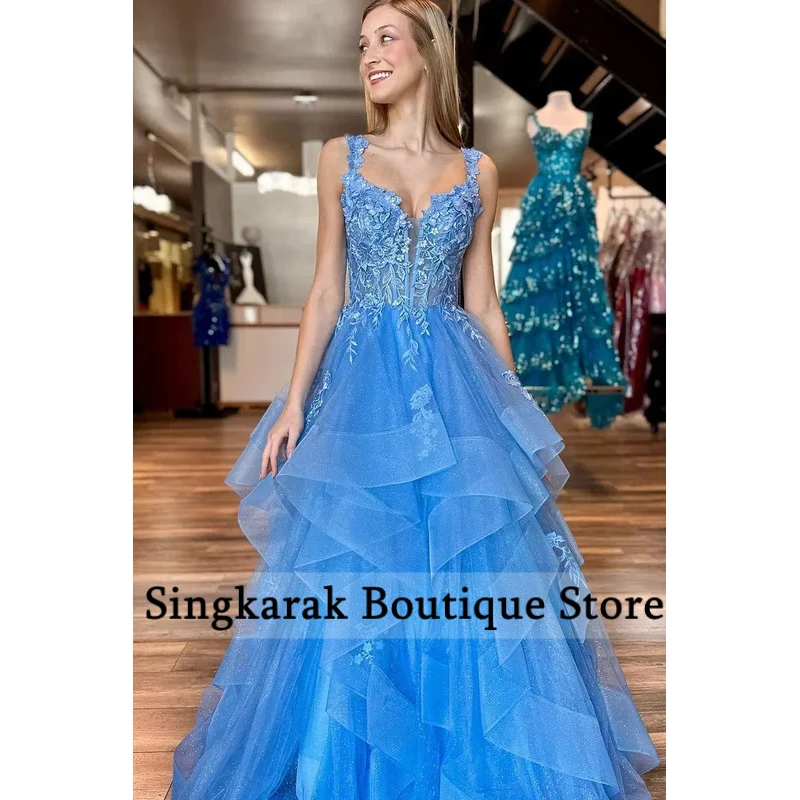 Customized Blue Spaghetti Strap Embroidered Prom Dresses Tiered Ruffle Glitter vestidos de noiva Sleeveless Formal Evening