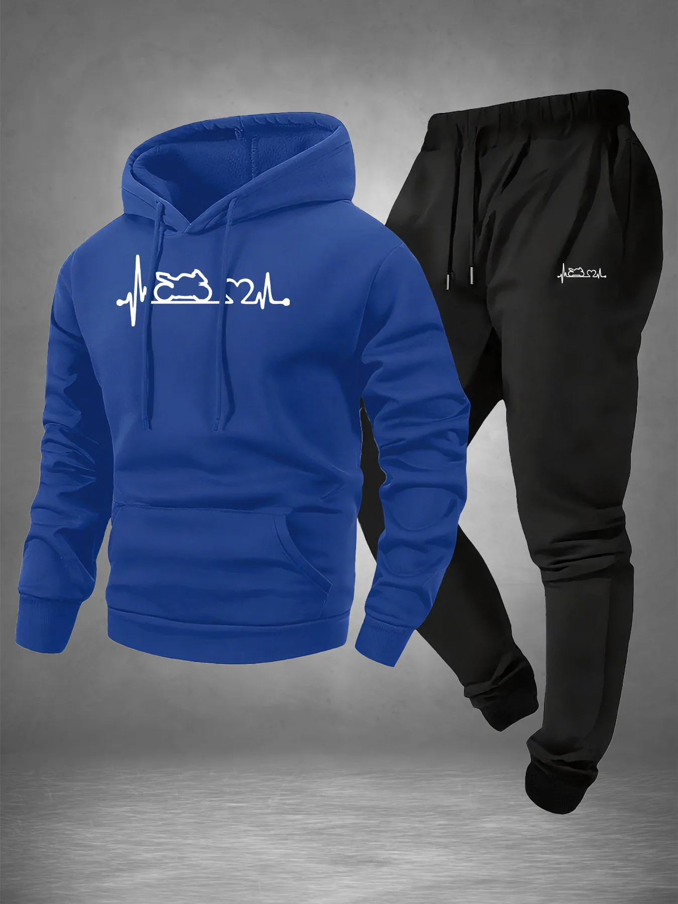 Men 2‑Piece Motorcycle Heartbeat Line Print Tracksuit ECG Graphic Hoodie Sweatpants Set Polyester Warm Jogging Suit With - view 4