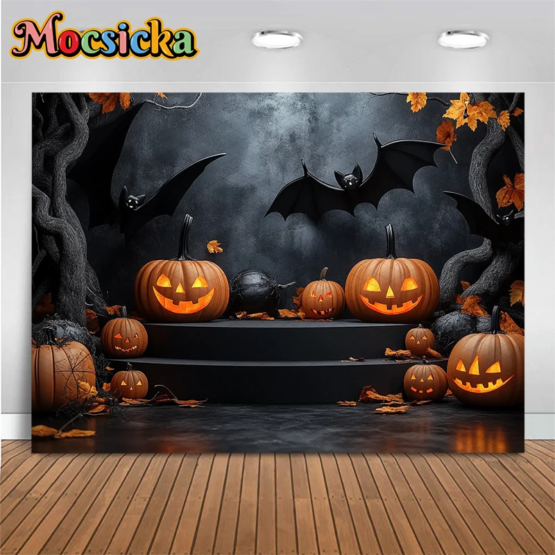 Halloween Pumpkin Backdrop Photography Black Wall Bat Party Baby Shower Autumn Photo Background Shooting Props Decoration Studio