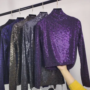 Women Turtleneck Sequined Pullover Long Sleeve Bottoming Shirt Female Slim Fashion Tops q62