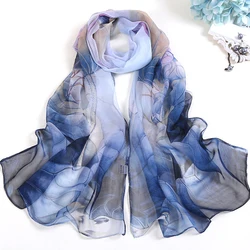 New Lotus Floral Summer Women Imitation Silk Scarf Bandana Chiffon Georgette Bandana Elegant Shawl Hijab Hairscarves Beach Scarf