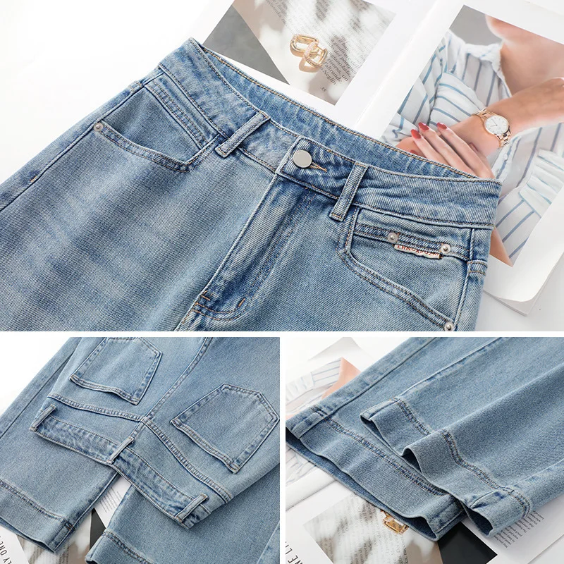 سراويل مستقيمة من قماش الدنيم الناعم باللون الأزرق الضيق للنساء، سراويل خريفية عالية الخصر تسع نقاط، عصرية للتخسيس ومتعددة الاستخدامات