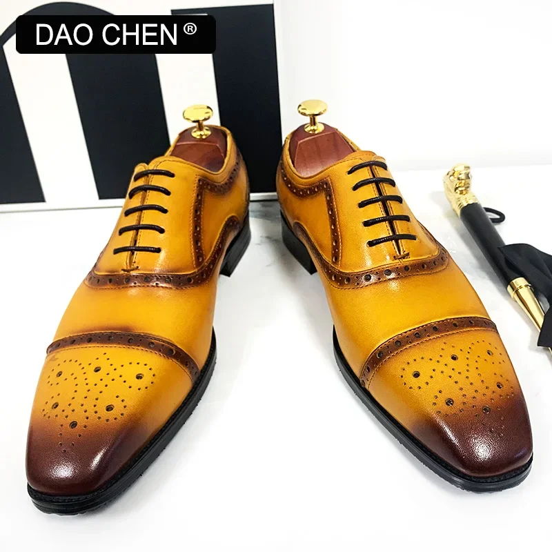 LUXURY BRAND MEN\'S OXFORD SHOES BLACK YELLOW LACE UP BROGUE CAP TOE CASUAL MENS DRESS SHOES OFFICE WEDDING LEATHER SHOES