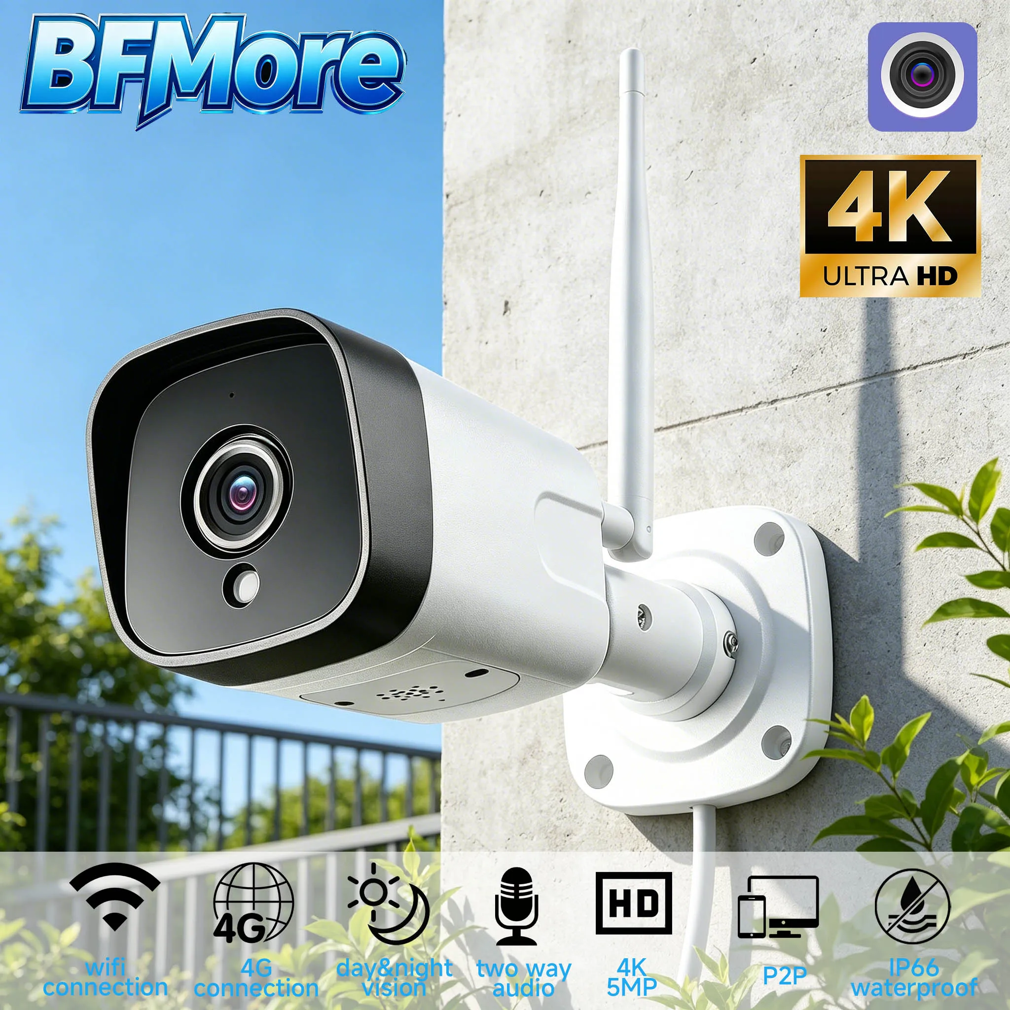BFMore 5MP Wireless Security 8MP 4K Wifi Камера 4G SIM Card Surveillance Vedio 3.6mm Two Way Audio 940nm IR Night Version