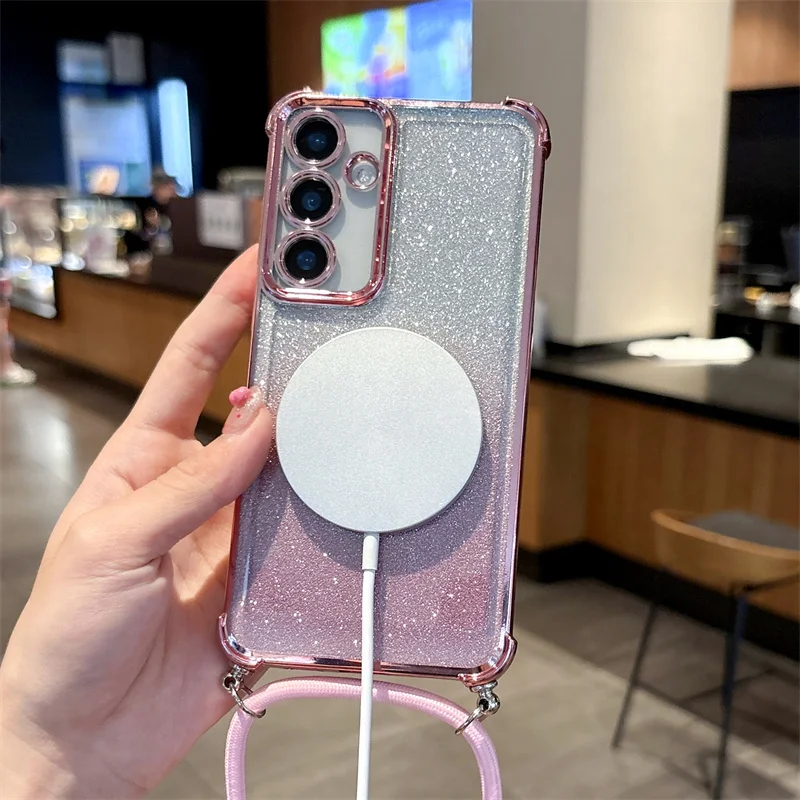 SR-طلاء واضح المغناطيسي حالات لسامسونج غالاكسي A36 A56 S25 S24 FE S23 الترا A36 A56 A16 Crossbody الحبل قلادة غطاء