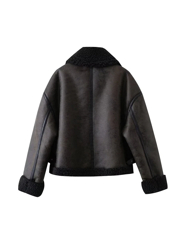 Fleece Women Thick Warm Faux Leather Jackets 2023 Autumn-Winter Fashion Ladies Dark Green Jacket Streetwear Female Outerwear