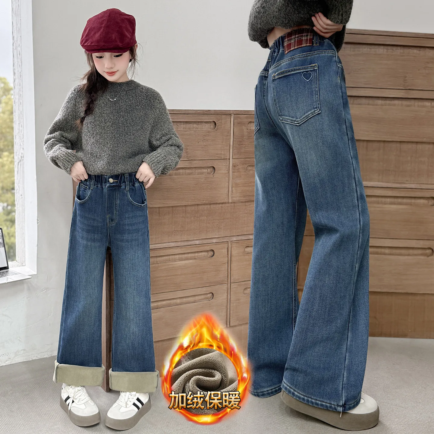 

New High Quality Girls Jeans Vintage Denim Insulated Pants Kids Clothing Children Casual Solid Warm Trousers Teenager Clothes