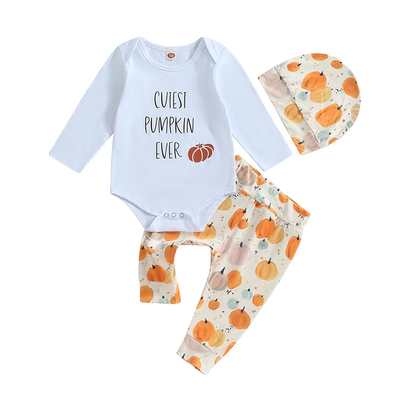 

Baby Boy 3Pcs Halloween Outfits Long Sleeve Romper + Pumpkin Pants + Hat Set Infant Clothes