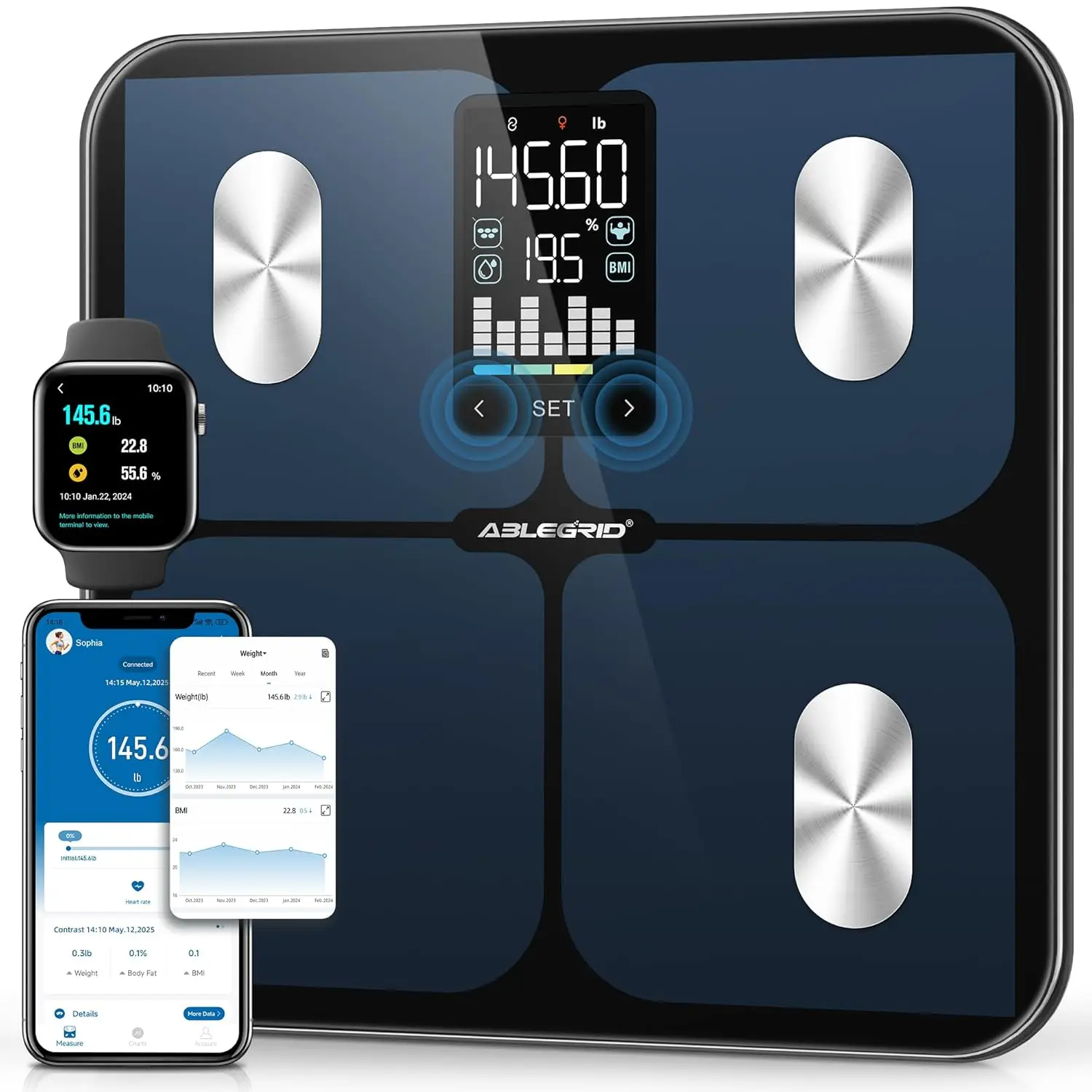 

Smart Bathroom Scale for Body Weight, Digital Body Fat Scale with LED Column Trend Display, BMI,Muscle Mass,Body Type, Accurate
