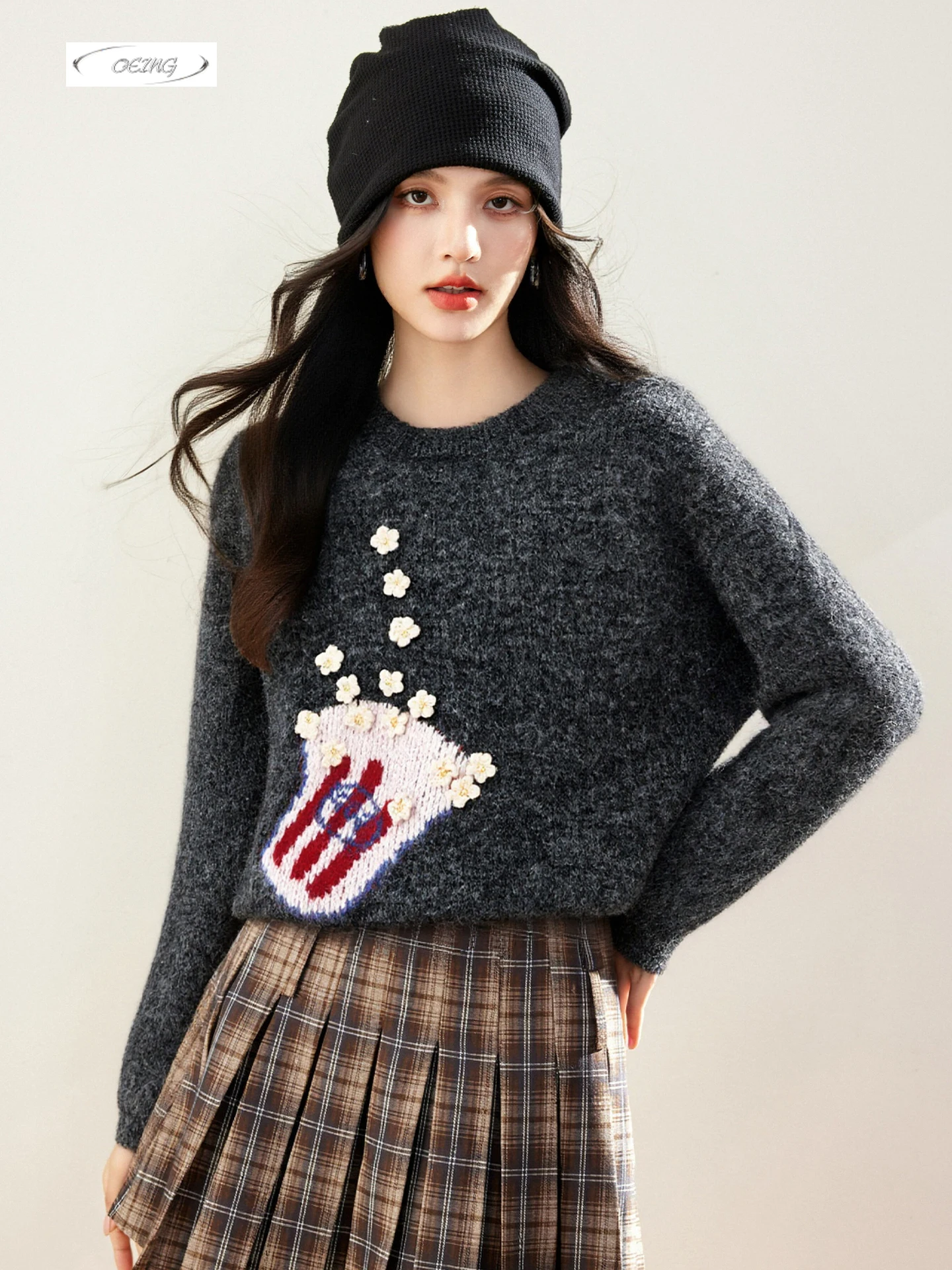 

Корейский стиль, вязаный пуловер с цветочной вышивкой, свитер для женщин, осень-зима, элегантные милые топы с длинными рукавами, трикотаж 9767