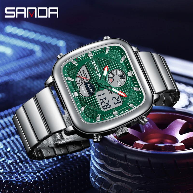 SANDA 9101 Orologi elettronici da uomo quadrante quadrato calendario luminoso cinturino in acciaio impermeabile orologio da polso digitale relojes para hombres