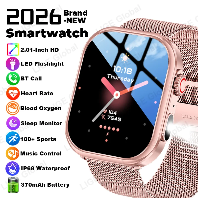 

Смарт-часы LIGE 2026 для женщин и мужчин с фонариком, HD-дисплеем 2,01 дюйма, голосовым управлением AI, Bluetooth-звонками, мониторингом здоровья, спортивные часы