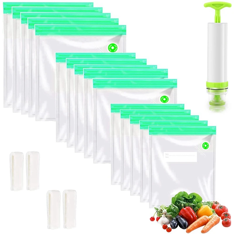 

30 Pack Green Sous Vide Bags Reusable Vacuum Food Storage Bags ,1 Hand Pump,4 Sealing Clips