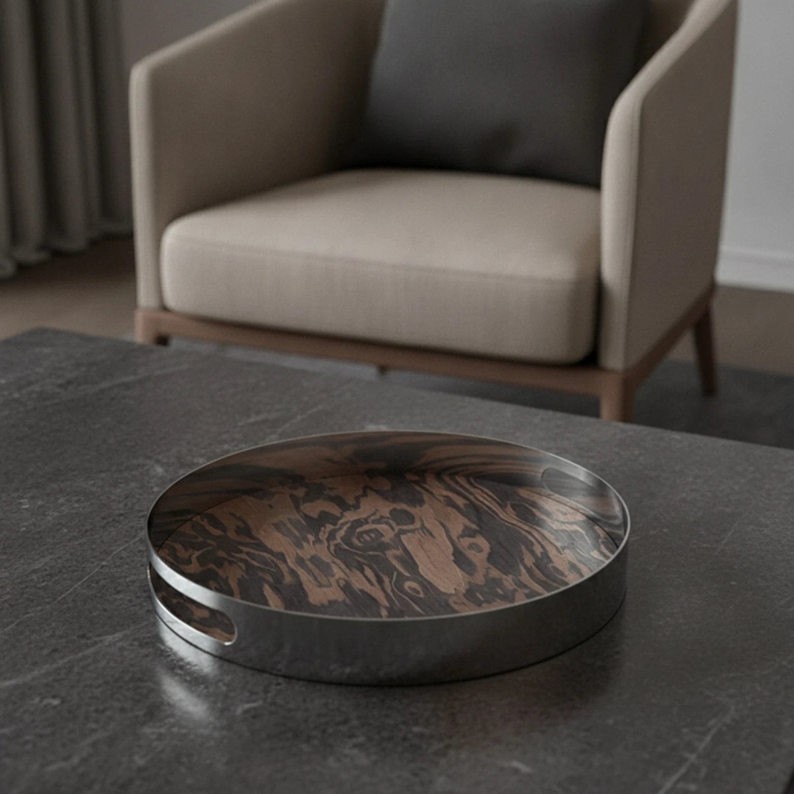 Tray with Wood-Grain Interior Silver Stainless Steel Tray Serving Platter Decorative Long-Lasting for Coffee Table, Entryway