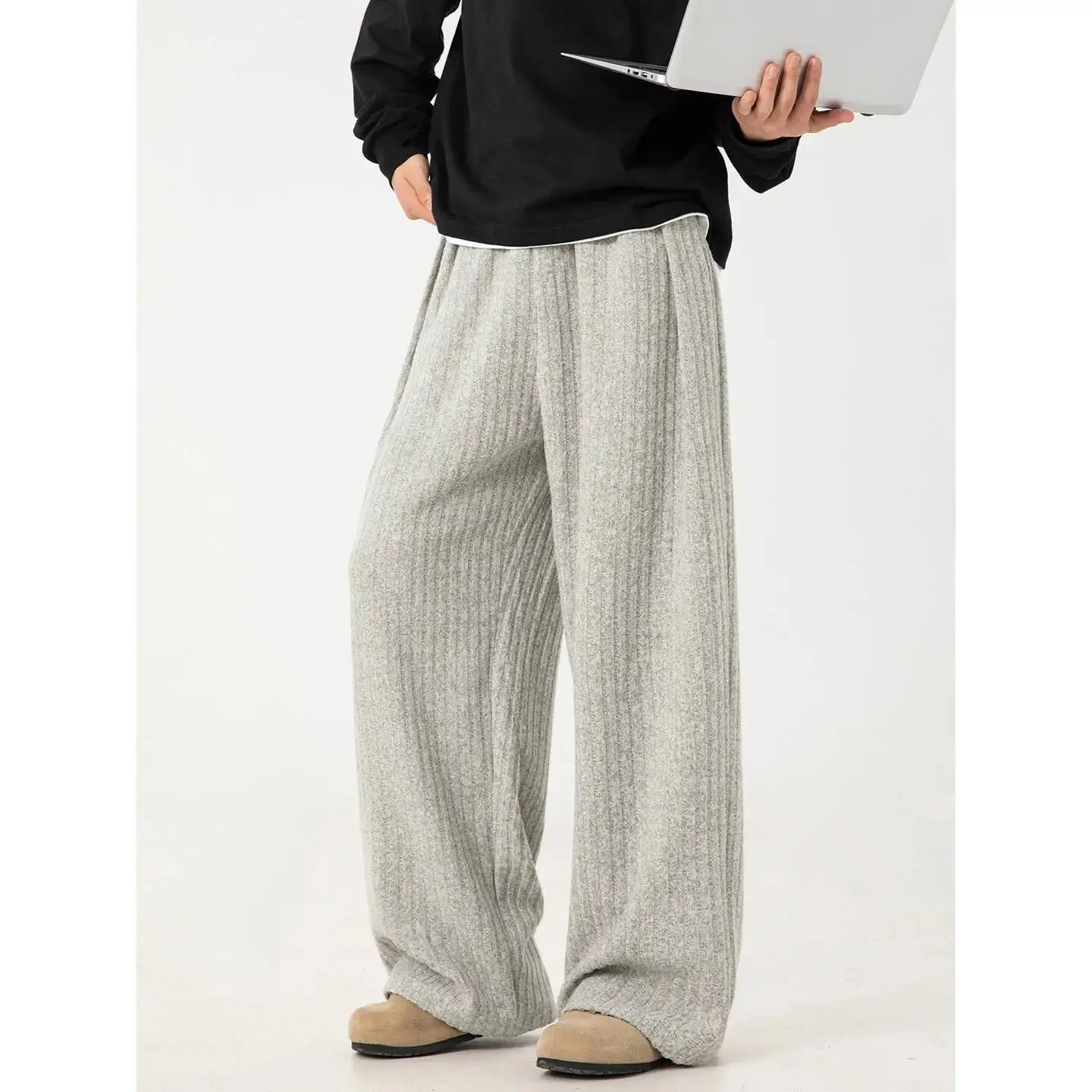 

Man Straight Pants 2025 Autumn New Men's Textured Fleece Pants Pleated Design Loose Draping Heavy Duty Sweatpants