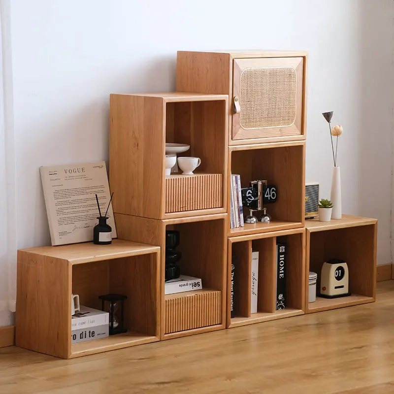 Nordic solid wood bookshelf floor shelf cherry wood lattice cabinet Japanese home free combination rattan short bookcase