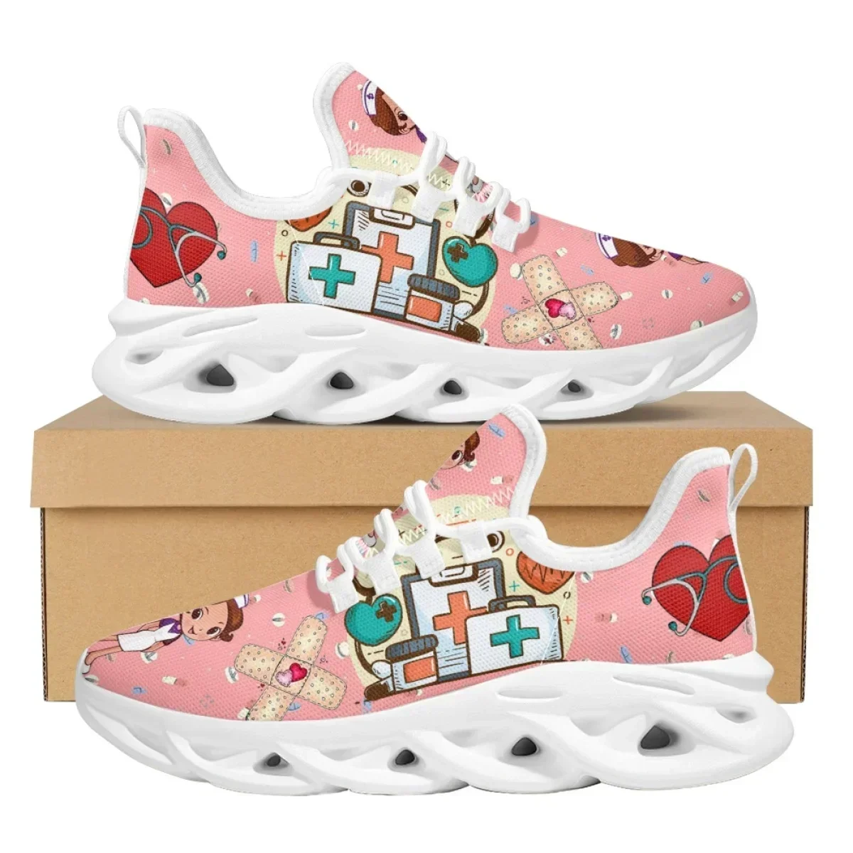 White Nursing Shoes For Women Cute Cartoon Nurse Women Sneakers Brand Design Doctor Medical Printed Light Lace-up Flats Zapatos view 5