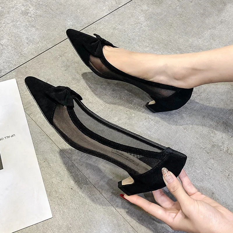 Zapatos individuales de malla de talla 31-43, tacones bajos para mujer, talla grande 41 42, zapatos de trabajo con lazo, tacón de gato de lunares, puntiagudos, huecos, talla pequeña 32 33