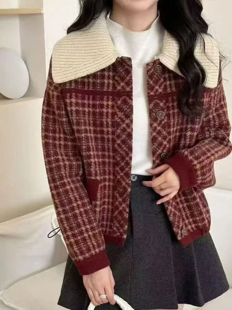 

Вязаный кардиган в клетку для женщин: повседневный, свободный, утепленный, осенний, модный, с отложным воротником, на пуговицах, с длинными рукавами, теплая верхняя одежда