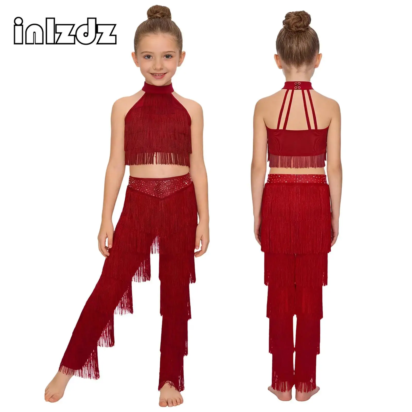 

Kids Girls Latin Dance Performance Sets Sleeveless Tassels Crop Top+Fringe Pants Set for Skating Gymnastics Salsa Jazz Dancewear