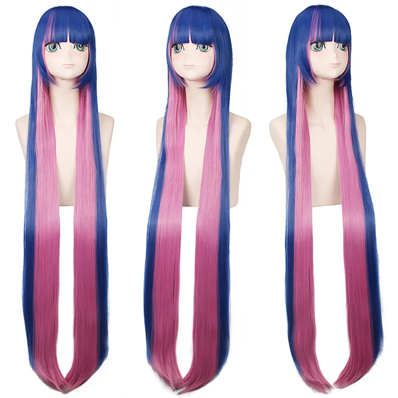 

120CM Long Wavy Blue Pink Synthetic Cosplay Wig Stocking-Inspired Short Bangs Anime Costume Party Fashion Heat Resistant Fiber