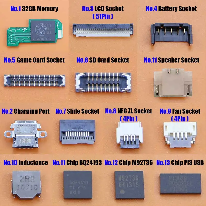 

For Switch Motherboard Chip Type-C Charging Port 32G Memory 2R2 Coil Slide Card Slot Battery ZL Socket LCD Screem FPC Connector