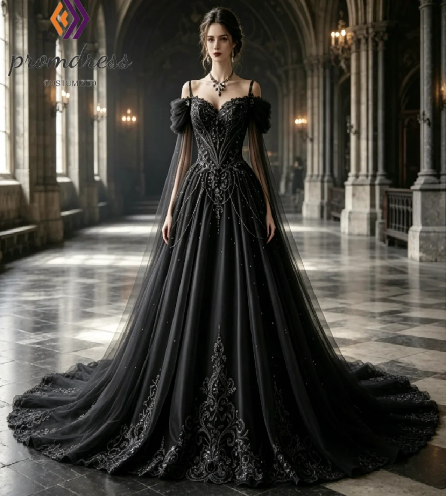 Luxury Princess Black Wedding Dress Off Shoulder Puff Sleeves Sparkly Beaded Lace Appliques Tulle Bridal Gown Vampire Halloween
