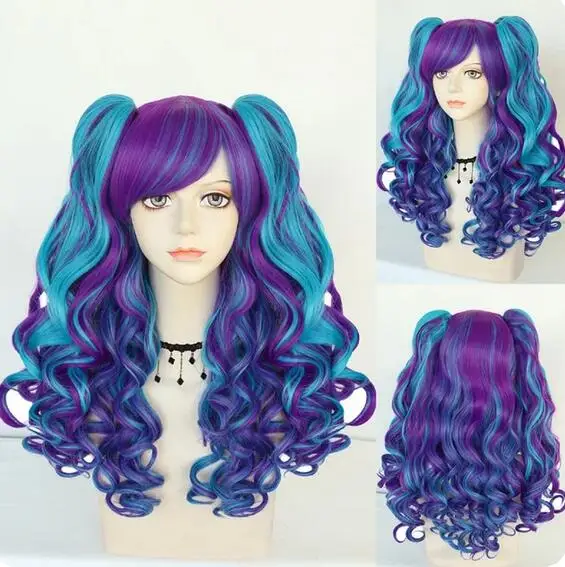 Cosplay Ponytail Wig Synthetic Long Colored Curly Girls Lolita Cosplay Wig With Double Ponytails & 1pc Wig Cap