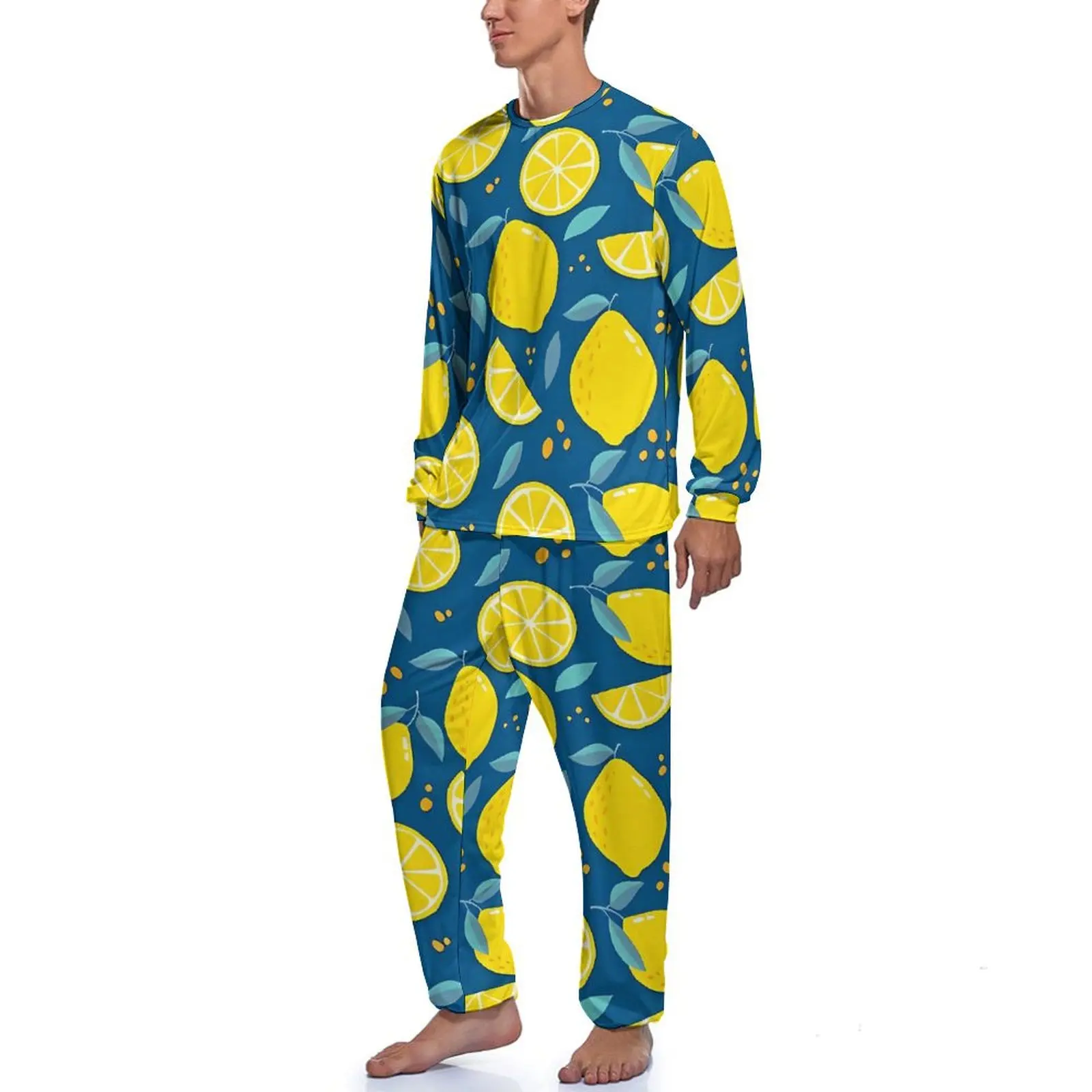 Modern Lemon Pajamas Autumn Xyellow Fruit Print Room Sleepwear Men 2 Pieces Graphic Long-Sleeve Cute Pajama Sets