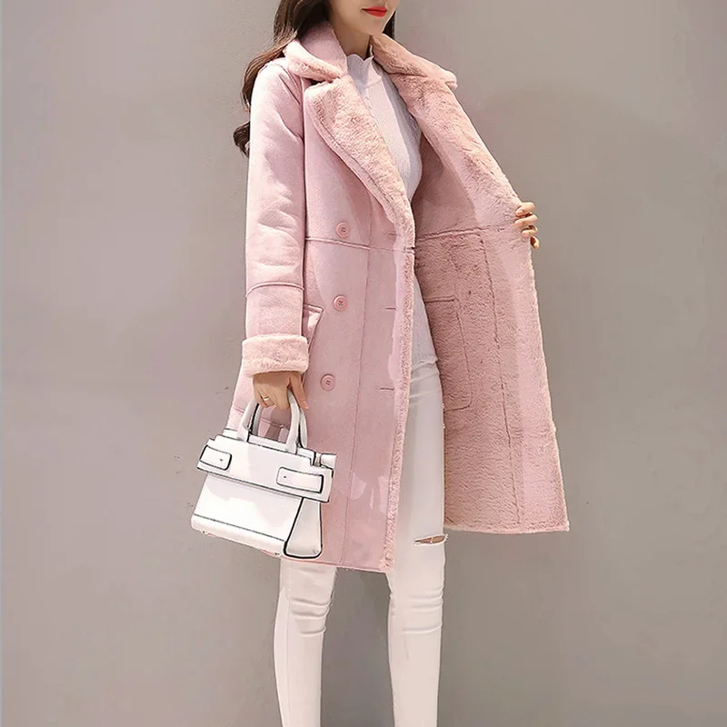 Pop Women's Winter Warm Velvet Padded Faux Suede Long Coat Parka Winter Jacket Women's Double-breasted Jacket Slim Solid Lapel C