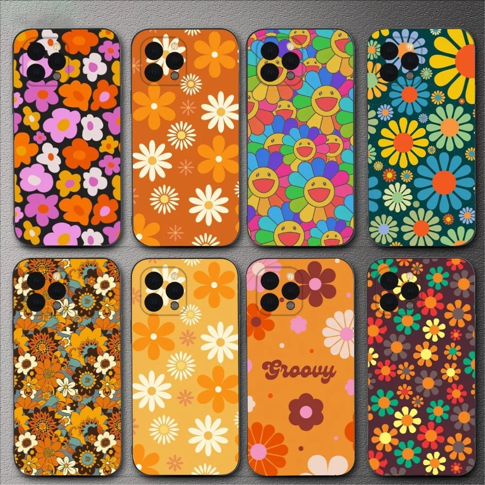 Groovy Flowers Hippie Bohemian Floral Phone Case For iPhone 15,14,13,12,11,XS,XR,X,8,7,Pro,Max,Plus,mini Silicone Black Cover