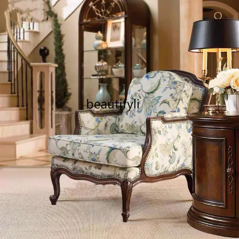 

LJYAmerican-Style Solid Wood Sofa Living Room Single Sofa Retro Distressed French Entry Lux High Back