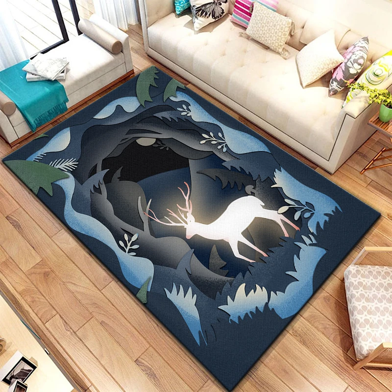 

Elk Forest Deer Cartoon Painting Carpet for Living Room Large Area Rug Black Soft Carpet Home Decoration Mats Boho Picnic Rugs