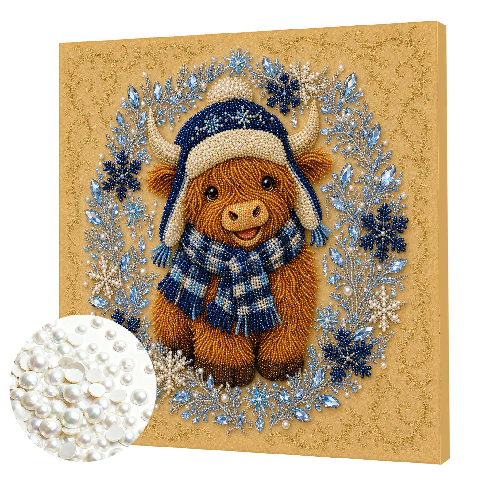 Framed Pearl Painting Kit Cute Highland Cow DIY Self-Adhesive Bead Canvas Wall Art 7.87x7.87in