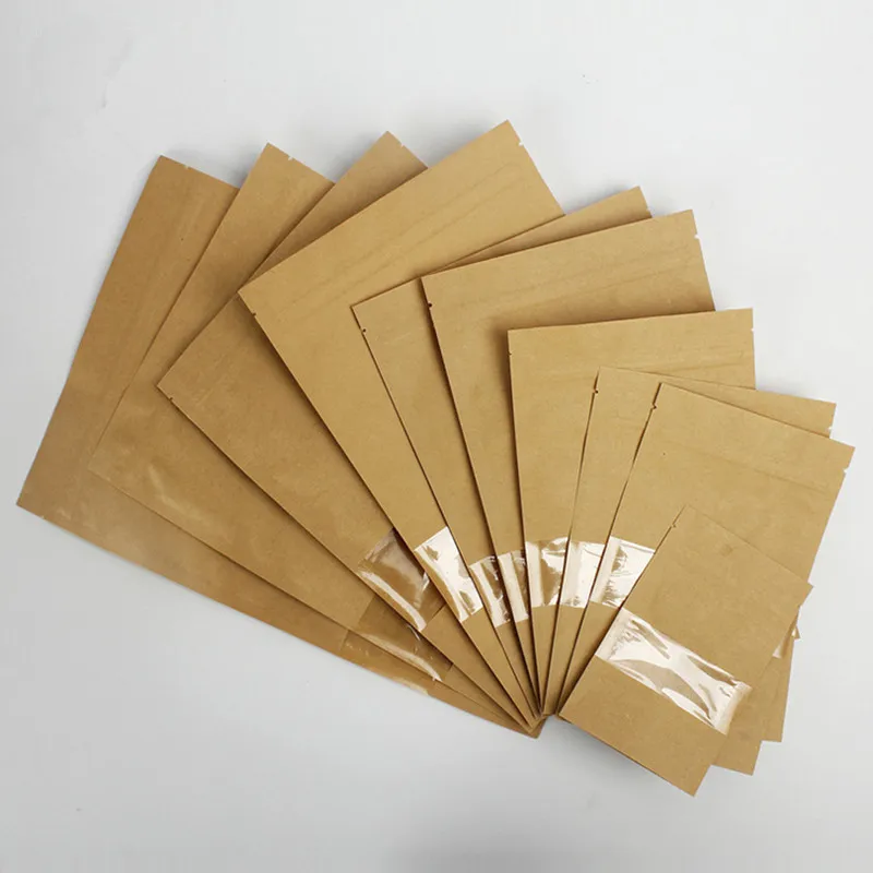 50pcs Kraft Paper Clear Window Zip Lock Bag Doypack Self Sealing Ground Coffee Capsule Sex Cosplay Socks Gloves Gifts Pack Bags