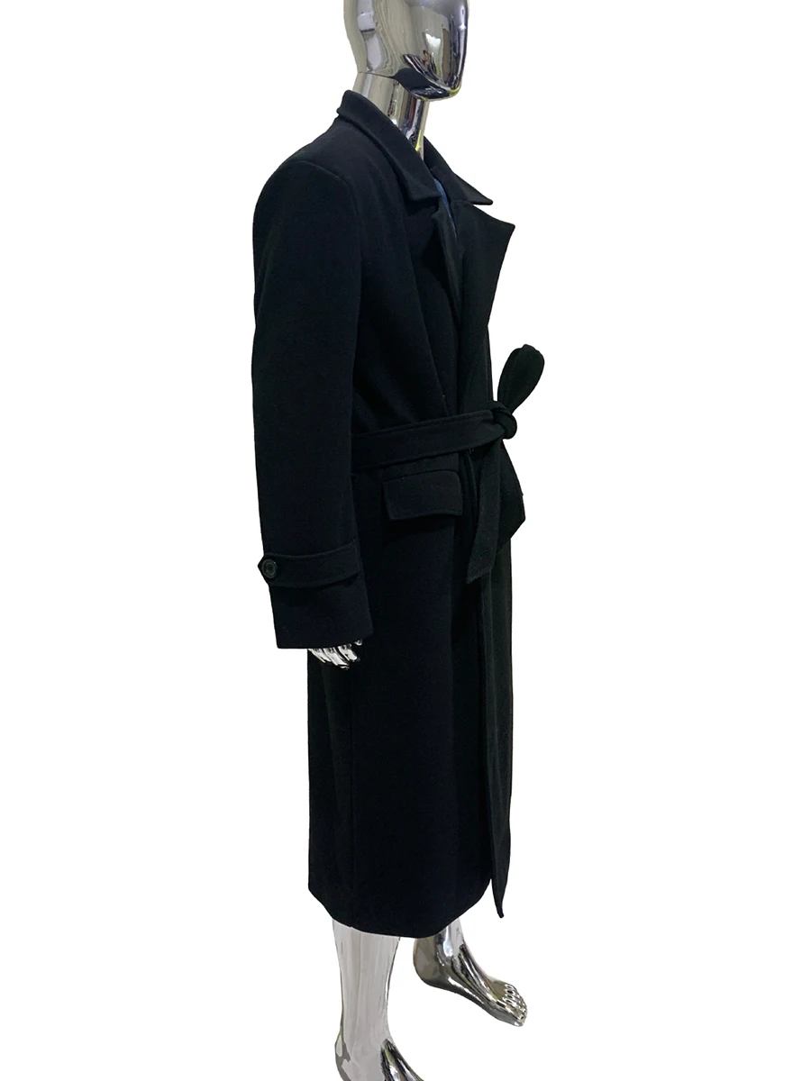 

Autumn Winter Long Warm Thick Fitted Black Wool Blends Coat Men Sashes Double Breasted Shoulder Pads Luxury Woolen Overcoat 2025