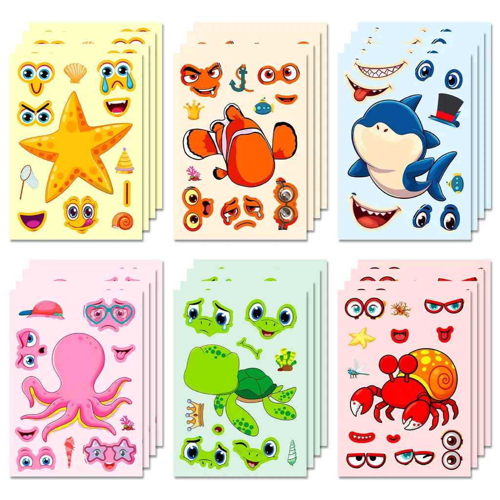 6Pcs Marine Creature Mix & Match Face Puzzle Stickers, Cute Cartoon Starfish Shark Decals for DIY Collage Anime Worlds Store